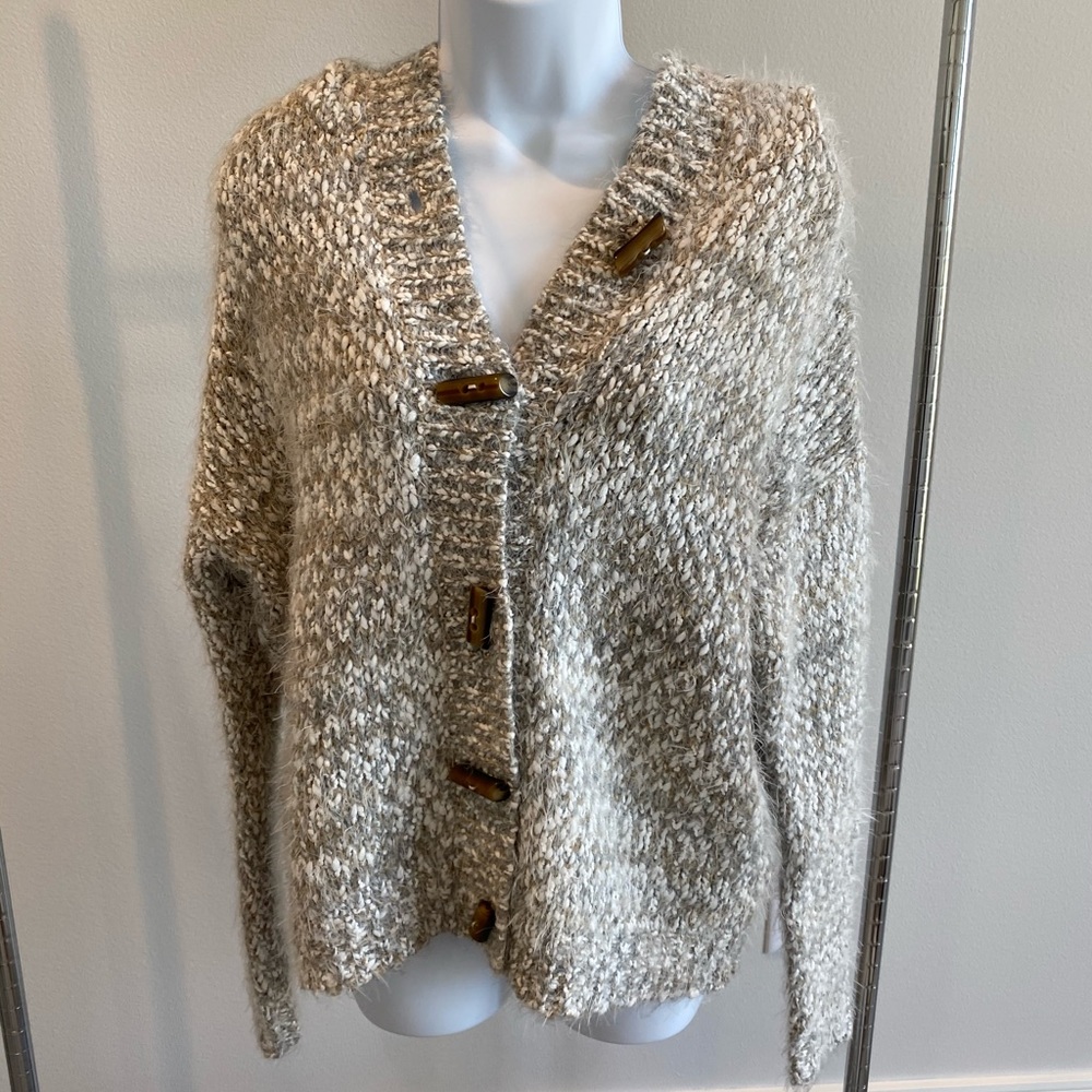 grey hooded shaggy button sweater XS